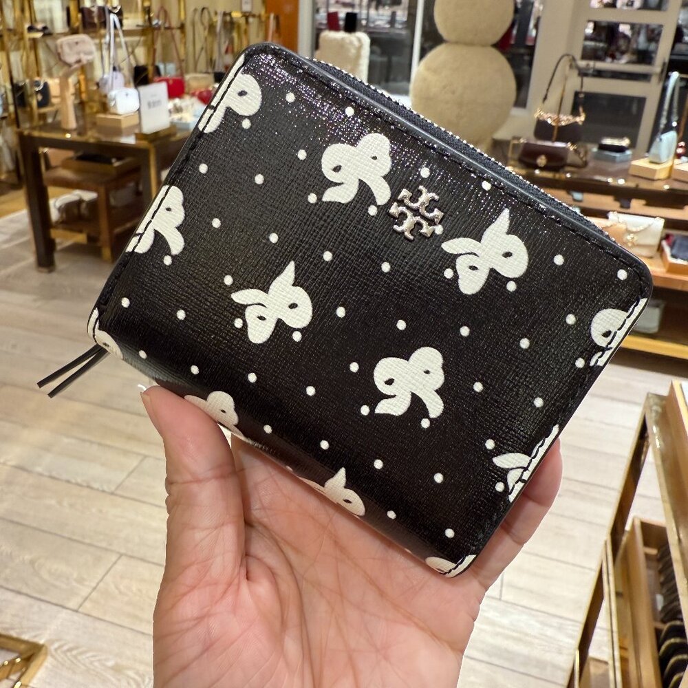 Tory Burch Emerson Mini Wallet 176905 Black Tossed Bow $215